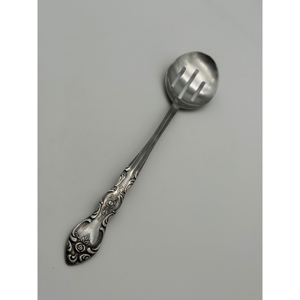 Stainless Steel Deluxe Slotted Serving Spoon Floral Rose‎ Scroll Silverware